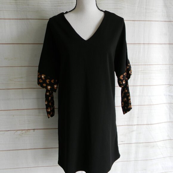 SKIES ARE BLUE BLACK V-NECK SHEATH DRESS W/ANIMAL PRINT TIE SLEEVES SZ S - Picture 1 of 4